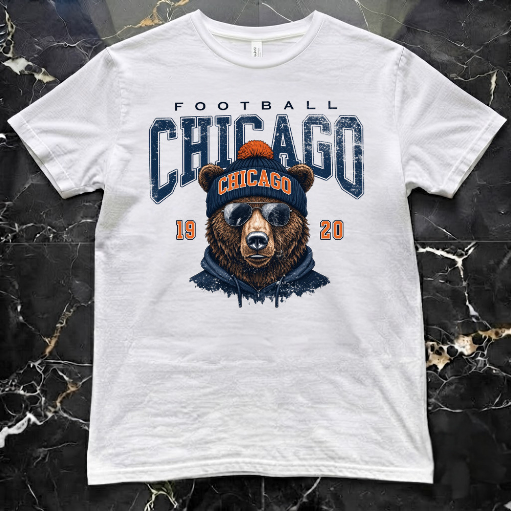 Chicago Football Bear Beanie Sunglasses 19 20 Vintage White T-Shirt